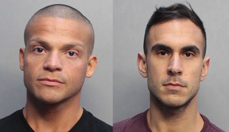 Peter Melendez, 35, and Peter Koehler, 27, were arrested Sunday after a drug-sniffing dog named Bill unearthed 27 grams of ecstasy, 18 grams of ketamine, and 246 grams of Viagra, Adderall, and the date-rape drug GHB in their luggage.