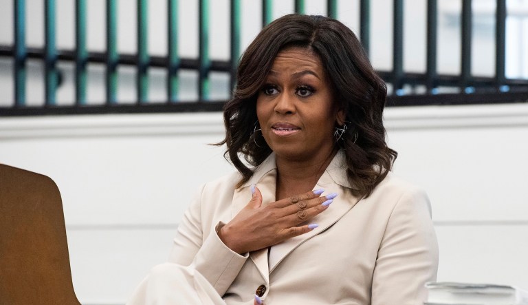 Michelle Obama speaks with students of Morehouse College and Spelman College during a campus visit to Spelman College on Saturday, May 11, 2019, in Atlanta.