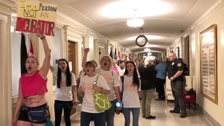 Abortion-rights supporters take part in a protest Thursday, May 30, 2019, in St. Louis.