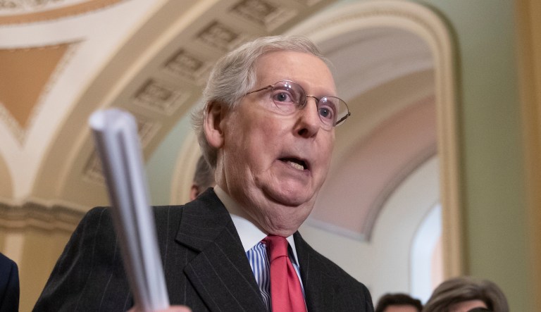 Senate Majority Leader Mitch McConnell, R-Ky., joined at left by Sen. John Barrasso, R-Wyo., speaks to reporters in advance of President Donald Trump's State of the Union speech, on Capitol Hill in Washington, Tuesday, Feb. 5, 2019.