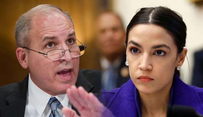 Mark Morgan testifies before a hearing on the left; Rep. Alexandria Ocasio-Cortez is seen on the right.