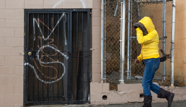 A MS-13, or Mara Salvatrucha graffiti is tagged on a Salvadorean bakery wall in Los Angeles Thursday, Oct. 11, 2012. 