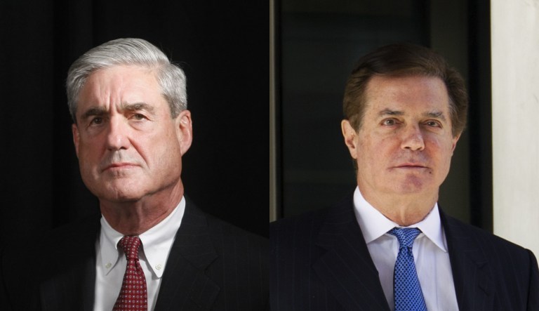 Special counsel Robert Mueller (left) and former Trump campaign manager Paul Manafort (right) are shown.
