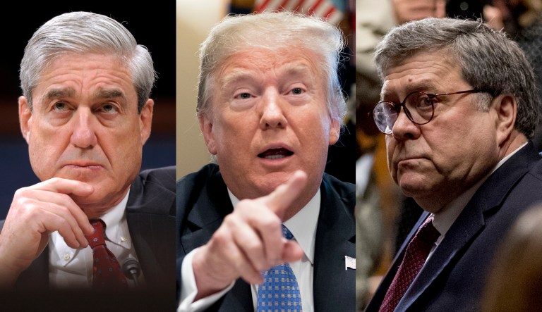 Special counsel Robert Mueller, President Trump, and Attorney General William Barr are pictured.
