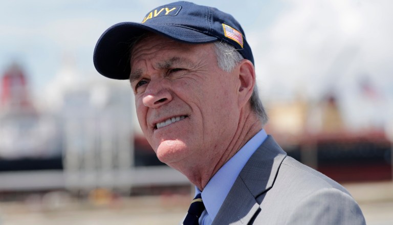 In this Sept. 18, 2015, photo released by the U.S. Navy, the guided-missile frigate USS Kauffman is honored at a decommissioning ceremony at Naval Station Norfolk in Norfolk, Va. The Kauffman was the last operational Oliver Hazard Perry-class frigate to be retired. Shipbuilder Bath Iron Works in Bath, Maine, said in November 2017 that it is offering a new design concept in response to a Navy request for up to 20 new frigates.