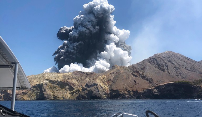 This Monday, Dec. 9, 2019, photo provided by Lillani Hopkins shows a volcanic eruption on White Island, New Zealand.