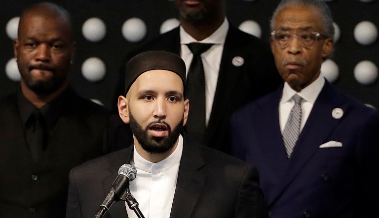 Imam Omar Suleiman speaks during the funeral services for police shooting victim, Stephon Clark at Bayside of South Sacramento Church in Sacramento, Calif., Thursday, March 29, 2018. Clark, who was unarmed, was shot and killed by Sacramento Police Officers, Sunday, March 18.