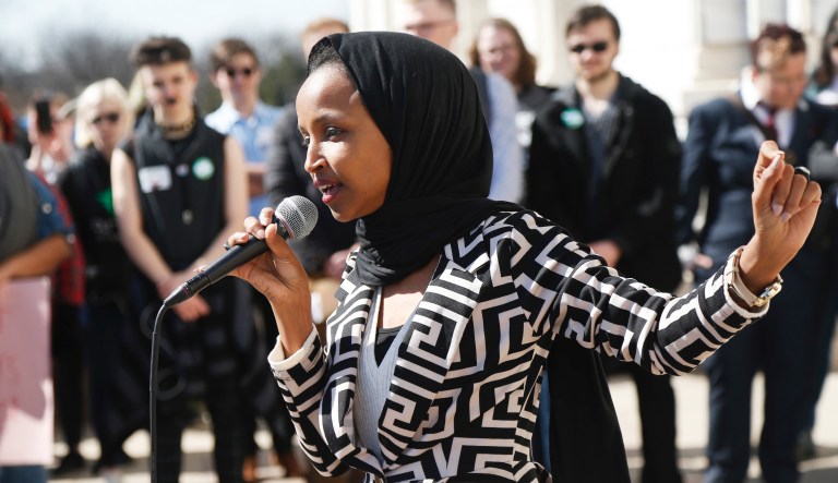 U.S. Rep Ilhan Omar, D-Minn., speaks to support LGBTQ and allied high school students from across the state of Minnesota who marched to the State Capitol steps Thursday, March 21, 2019 in St. Paul, Minn. to urge lawmakers to protect LGBTQ Minnesotans and youth from the effects of so-called conversion âtherapy.â                                    
