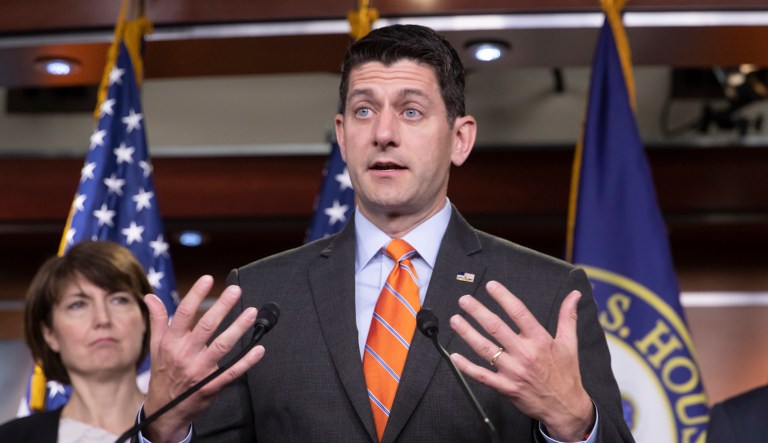 Speaker of the House Paul Ryan, R-Wis., joined by Rep. Cathy McMorris Rodgers, R-Wash., left, expresses support for the work of the Agriculture Committee in crafting the farm bill which the House begins debate on today, at a news conference on Capitol Hill in Washington, Wednesday, May 16, 2018. Republicans favor a plan to strengthen work requirements for food stamps, but Democrats say that would hurt the poor.