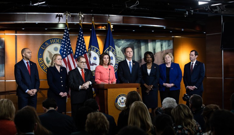 Speaker Nancy Pelosi announces House impeachment managers at a press confrence in the U.S. Capitol on January 15, 2021