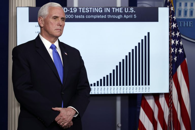 Vice President Mike Pence speaks to members of the media at Andrews Air Force Base, Md., Monday, Oct. 5, 2020, as he leaves Washington for Utah ahead of the vice presidential debate schedule for Oct. 7.