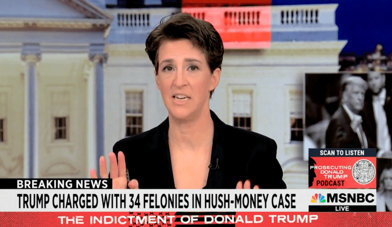 MSNBC host Rachel Maddow tells viewers the network will skip former President Donald Trump's remarks following his arraignment in New York City on Tuesday, April 4, 2023. The host said the speech was not 