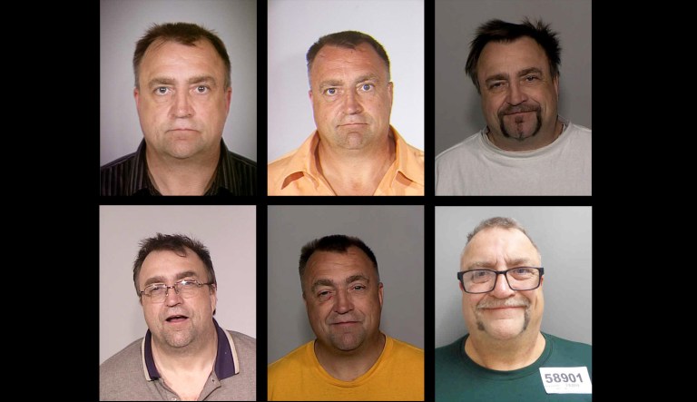 Top row, left to right: Mugshots of Randal Thom from December 2007, August 2008, and December 2008. Bottom row, left to right: April 2007, August 2008, and January 2019. 