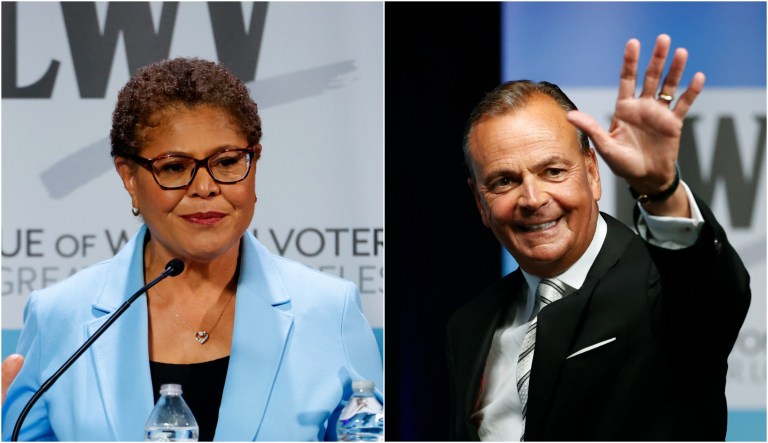 Los Angeles Mayor Karen Bass, left, and businessman Rick Caruso.