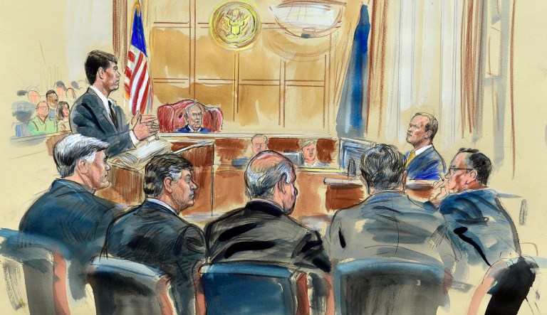 This courtroom sketch depicts Rick Gates, right, answering questions by prosecutor Greg Andres as he testifies in the trial of Paul Manafort, seated second from left, at the Alexandria Federal Courthouse in Alexandria, Va., Monday, Aug. 6, 2018. U.S. district Judge T.S. Ellis III presides as Manafort attorney's including Kevin Downing, left, Thomas Zehnle, third from left, listen.