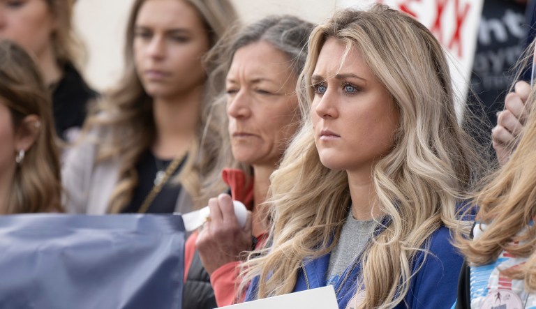 Former University of Kentucky swimmer Riley Gaines speaks during a rally on Jan. 12, 2023, outside of the NCAA Convention in San Antonio. 