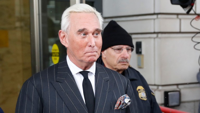 Roger Stone, center left, with his wife Nydia Stone leave federal court Washington, Friday, Nov. 15, 2019. Stone, longtime friend of President Donald Trump, has been found guilty at his trial in federal court in Washington.