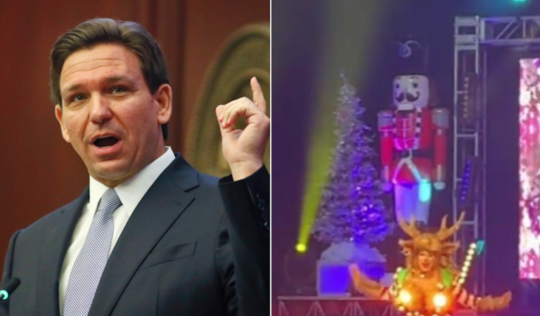 Gov. Ron DeSantis (R-FL) (right) filed an administrative complaint to revoke the liquor license of the Hyatt Regency Miami after accusing it of allowing minors to attend a drag show. A drag show performer is seen dancing around on stage with illuminated breasts at an Orlando Christmas-themed drag show on Dec. 28, 2022.