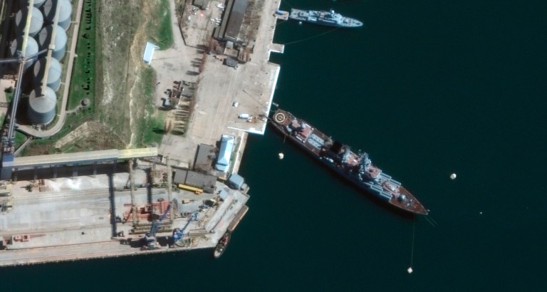This satellite image provided by Maxar Technologies shows the cruiser Moskva in Sevastopol's port in Crimea on April 7, 2022. 