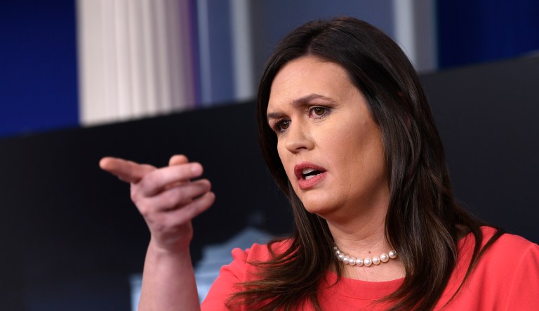 White House press secretary Sarah Sanders speaks during the daily briefing at the White House in Washington, Monday, Jan. 28, 2019.