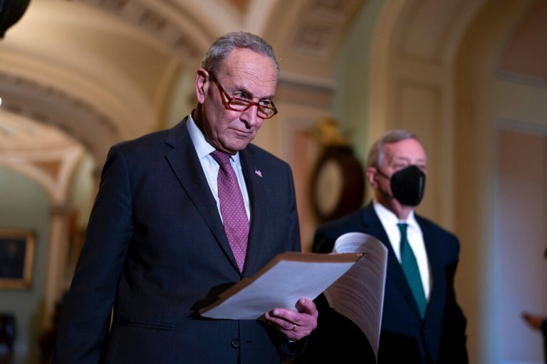 Senate Minority Leader Chuck Schumer, D-N.Y., speaks following remarks by Senate Majority Leader Mitch McConnell, R-Ky., who told reporters he has secured enough Republican votes to start President Donald Trumpâs impeachment trial and postpone a decision on witnesses and documents Democrats want, at the Capitol in Washington, Tuesday Jan. 7, 2020.