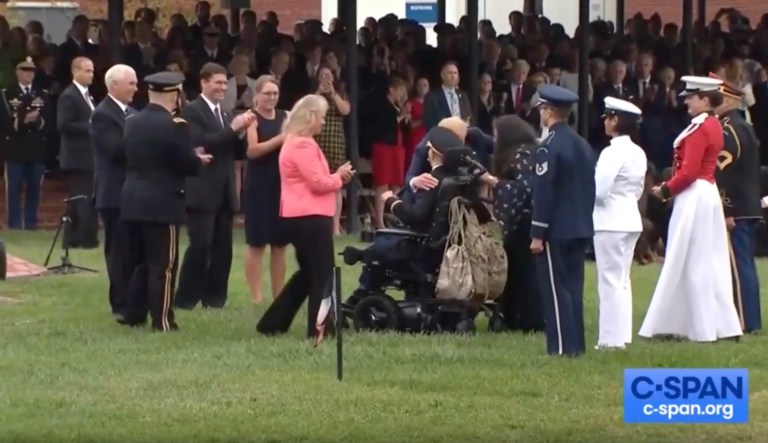 WATCH: Trump embraces wounded veteran who sang ‘God Bless America’ at military ceremony