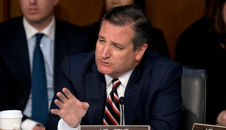 Sen. Ted Cruz, R-Texas, questions Facebook CEO Mark Zuckerberg as he testifies before a joint hearing of the Commerce and Judiciary Committees on Capitol Hill in Washington, Tuesday, April 10, 2018, about the use of Facebook data to target American voters in the 2016 election.