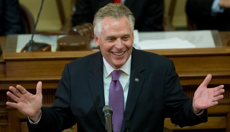 This Jan. 10, 2018, file photo shows former Virginia Gov. Terry McAuliffe as he addresses a joint session of the the 2018 session in the House chambers at the Capitol in Richmond, Va.