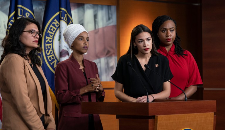 From left, Rep. Rashida Tlaib (D-MI), Rep. Ilhan Omar (D-MN), Rep. Alexandria Ocasio-Cortez (D-NY), and Rep. Ayanna Pressley (D-MA) respond to remarks by President Donald Trump after his call for the four Democratic congresswomen to go back to their 