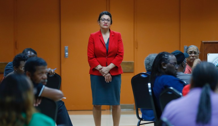 U.S. Rep. Rashida Tlaib, D-Mich. speaks to constituents in Wixom, Mich., Thursday, Aug. 15, 2019. 