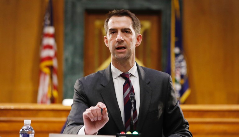 Sen. Tom Cotton, R-Ark., speaks during a Senate Intelligence Committee nomination hearing for Rep. John Ratcliffe, R-Texas, on Capitol Hill in Washington, Tuesday, May. 5, 2020. The panel is considering Ratcliffe's nomination for director of national intelligence.
