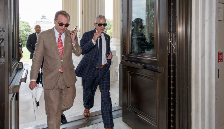 Rep. Mick Mulvaney, R-S.C., left, and Rep. Trey Gowdy, R-S.C., arrive at the entrance to the House of Representatives on Capitol Hill in Washington, Thursday, July 31, 2014, for final votes before leaving for the August recess. 
