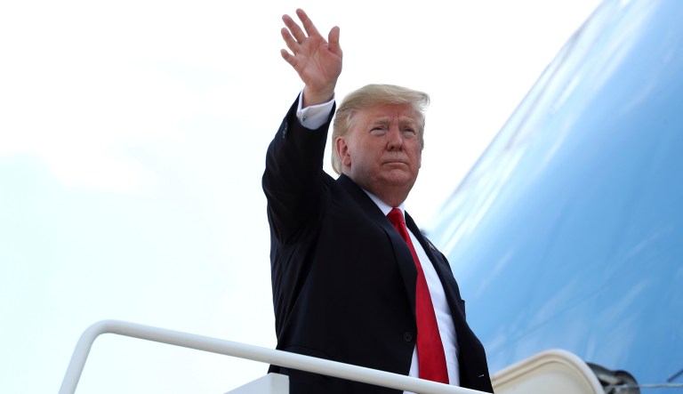 President Donald Trump boards Air Force One at Andrews Air Force Base, Md., Thursday, May 30, 2019, to travel to Peterson Air Force Base, Colo., to attend the 2019 United States Air Force Academy Graduation Ceremony United States Air Force Academy.