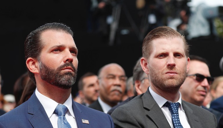 Donald Trump Jr., left, and Eric Trump attend a ceremony to mark the 75th anniversary of D-Day at the Normandy American Cemetery in Colleville-sur-Mer, Normandy, France, Thursday, June 6, 2019. 