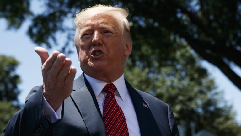 President Donald Trump speaks to reporters before departing for a trip to Iowa, on the South Lawn of White House, Tuesday, June 11, 2019, in Washington. 