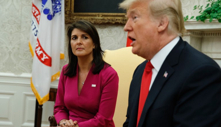 Then-President Donald Trump speaks during a meeting with outgoing U.S. Ambassador to the United Nations Nikki Haley.