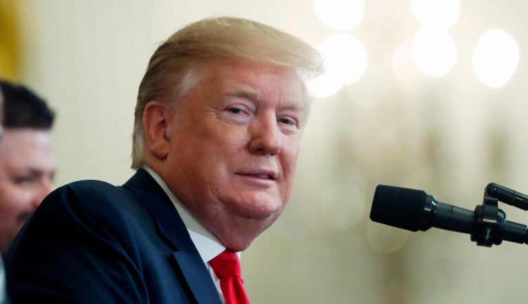 President Donald Trump speaks at a Wounded Warrior Project Soldier Ride event in the East Room of the White House, Thursday, April 18, 2019, in Washington.