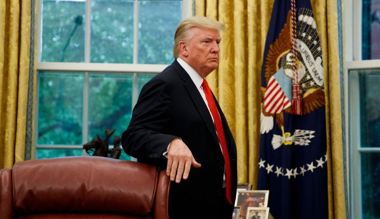 President Donald Trump departs after presenting the Presidential Medal of Freedom to former NBA basketball player and general manager Jerry West, in the Oval Office of the White House, Thursday, Sept. 5, 2019, in Washington.