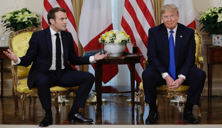 U.S President Donald Trump and French President Emmanuel Macron attend a working session during the G7 summit at Casino in Biarritz, southwestern France, Monday Aug.26 2019. G-7 leaders are wrapping up a summit dominated by tensions over U.S. trade policies and a surprise visit by Iran's top diplomat. 