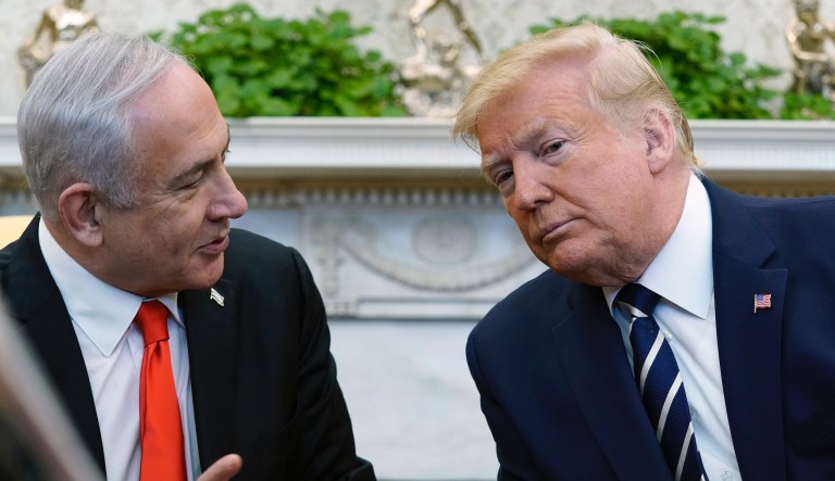 President Donald Trump welcomes Israeli Prime Minister Benjamin Netanyahu to the White House, Monday, Jan. 27, 2020, in Washington. (AP Photo/ Evan Vucci)

President Donald Trump and Israeli Prime Minister Benjamin Netanyahu walk to a meeting in the Oval Office of the White House, Monday, Jan. 27, 2020, in Washington.