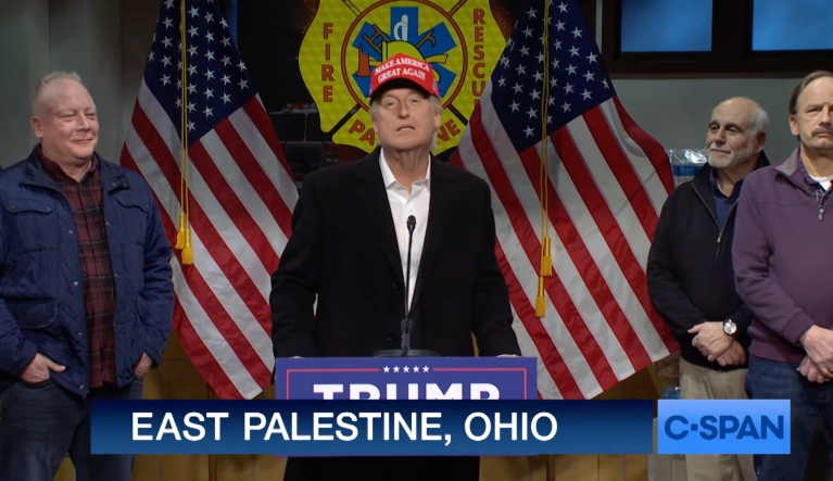 WATCH: Trump rips Rihanna, Pete Buttigieg at toxic train derailment site in SNL cold open