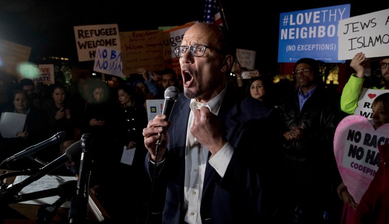 Democratic National Committee Chairman Tom Perez speaks at a protest against President Trumpâs travel ban in Lafayette Square outside the White House on March 6, 2017.