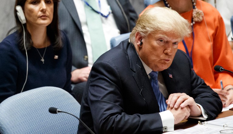 President Donald Trump participates in a United Nations Security Council briefing on counterproliferation at the United Nations General Assembly, Wednesday, Sept. 26, 2018, at U.N. Headquarters.