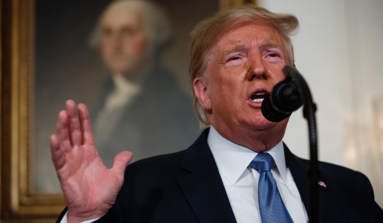 President Donald Trump speaks about the mass shootings in El Paso, Texas and Dayton, Ohio, in the Diplomatic Reception Room of the White House, Monday, Aug. 5, 2019, in Washington. 