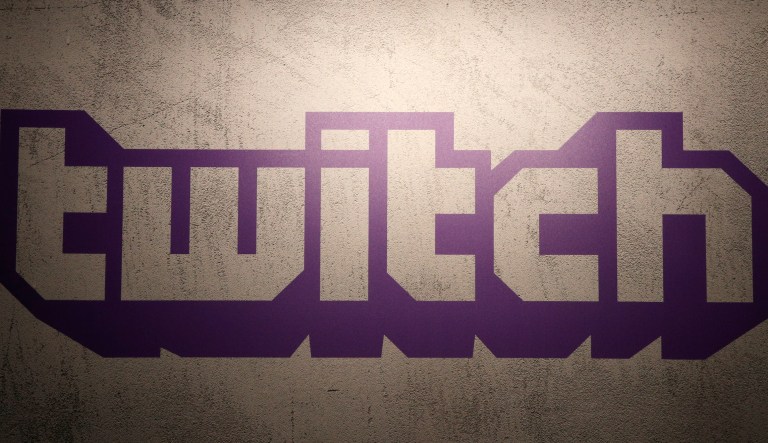 The logo of live streaming video platform Twitch is pictured at the Paris games week in Paris, Saturday, Nov. 4, 2017.