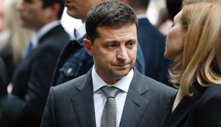 Ukraine President Volodymyr Zelensky visits the site of the 9/11 terror attacks at ground zero in New York, Thursday, Sept. 26, 2019. Zelensky made specific stops at the names of victims that were born in Ukraine.