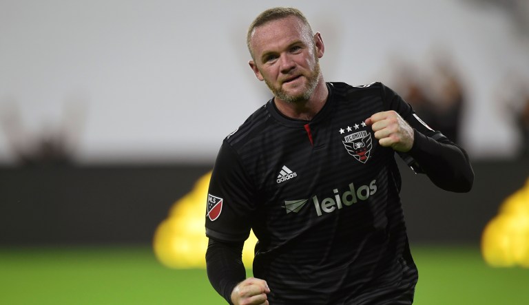 D.C. United forward Wayne Rooney celebrates his first MLS goal during the first half of a soccer match against the Colorado Rapids in Washington, Saturday, July 28, 2018. 