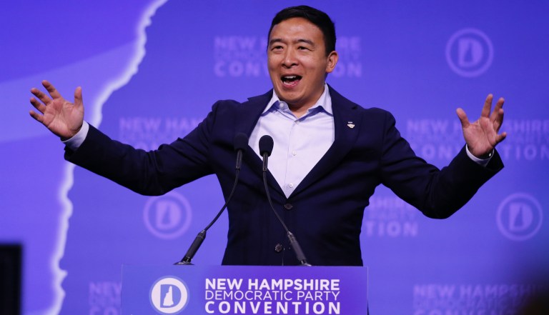 Democratic presidential candidate businessman Andrew Yang speaks at the New Hampshire state Democratic Party convention, Saturday, Sept. 7, 2019, in Manchester, NH. 