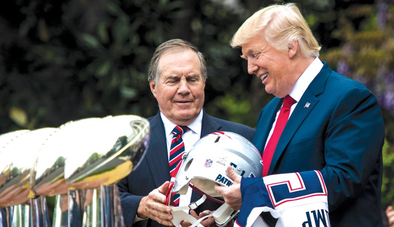 Donald Trump claimed to have the support of New England Patriots quarterback Tom Brady, left, and head coach Bill Belichick. (AP Photo/Charles Krupa)