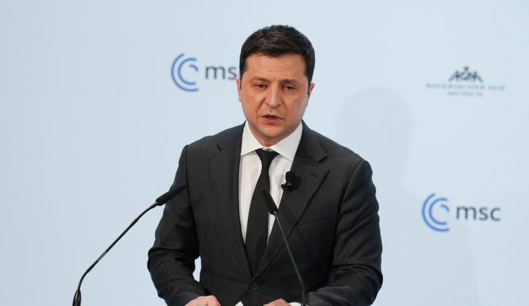 Ukrainian President Volodymyr Zelensky delivers his speech during the Munich Security Conference in Munich on Saturday.
